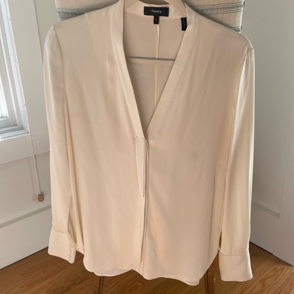 Theory Cream Blouse with Cuffed Sleeves and Mandarin Collar